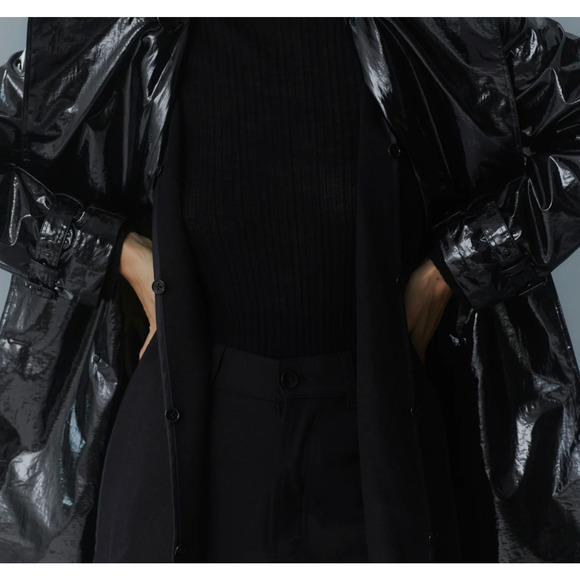 NWT Jane Post Military Trench Black Double Breasted Raincoat High Shine Black M - Picture 10 of 11